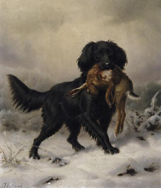 Johannes Deiker Schwarzer Setter apportiert Hasen in winterlicher Landschaft oil painting picture
